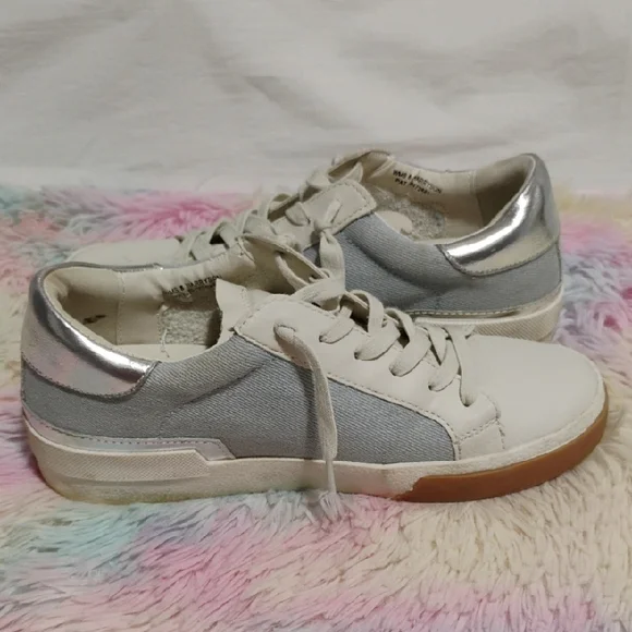 Dolce Vita White Silver & Denim Harryson Sneakers Sleek Low-Top Design #50 - Picture 8 of 11